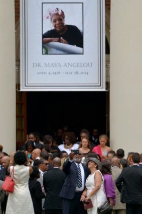 Mourners: Outside the chapel at the conclusion of the Maya Angelou memorial service in Winston-Salem  on Saturday.