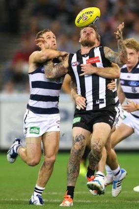 Geelong's Joel Selwood and Collingwood's Dane Swan battle for possession.