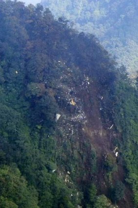 The wreckage of the Russian Sukhoi Superjet 100 aircraft which crashed into Mount Salak in Indonesia's West Java province.