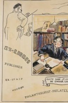 Bookplate (detail) caricature of Frank Johnson, circa 1945.  