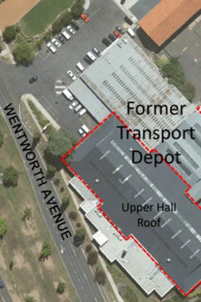 Aerial photograph showing the northern annex which will be demolished and the upper hall roof to be replaced.