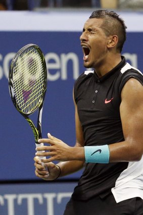Nick Kyrgios reacts after a missed opportunity.