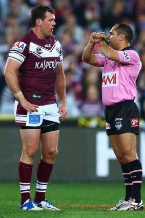 Manly's Jason King is placed on report by referee Ashley Klein.