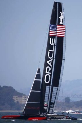 On the cusp of victory: Team Oracle USA during Race 11 of the 34th America's Cup yacht sailing race in San Francisco.