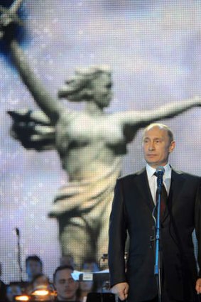 Patriotic message ... Vladimir Putin speaks at the ceremony to mark the battle's 70th anniversary.