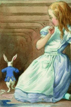 Alice wonders at the Mat Hatter in  <i>The Complete Alice</i>. Illustrations coloured by Diz Wallis,  Macmillan Publishers Limited, 1995.