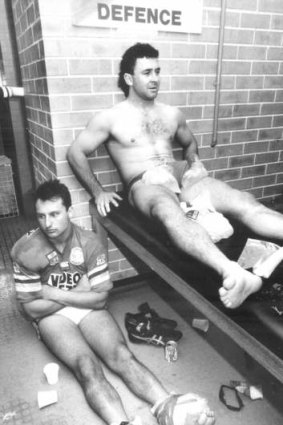 Laurie Daley and Ricky Stuart in the sheds after winning the 1991 preliminary final against Manly at the SFS.