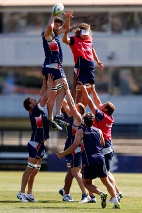 On a high: The Melbourne Rebels at a training session at Visy Park on Thursday.