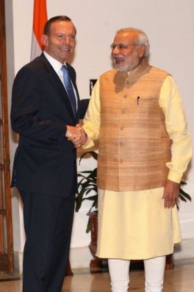 First encounter: Prime Minister Tony Abbott and Mr Modi met in Delhi in September.