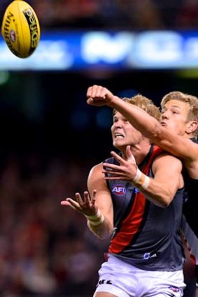 Making a fist of it: St Kilda's Rhys Stanley (right) attempts to spoil Essendon's Michael Hurley.