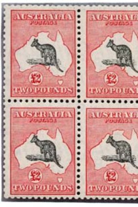 Hopping &#8230; this block of six &#163;2 Kangaroo stamps sold for $27,500 at Leski Auctions.