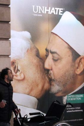 The now-removed Benetton advertisement showing Pope Benedict XVI kissing Egypt’s Ahmed el Tayyeb.