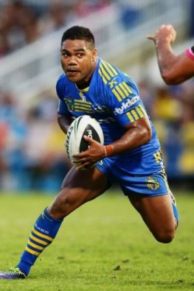 Parramatta halfback Chris Sandow sidesteps as he takes on the Panthers defensive line.