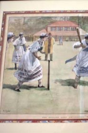 Women play cricket in a historic illustration from Maxwell's collection.