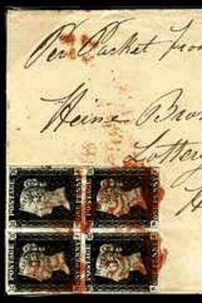 An 1840 cover from Limerick to Hamburgh via Dublin and Hull, the 8d rate prepaid by a block of eight Penny Blacks from Plate 1b, divided into two blocks of four each.