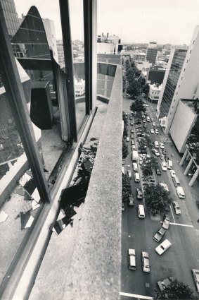 The 11th floor window of the Australian Post Headquarters where the gunman, Frank Vitkovic, jumped to his death. 