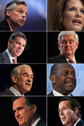 Behind the curtain... Republican candidates (clockwise from top) Jon Huntsman, Michele Bachmann, Newt Gingrich, Herman Cain, Rick Santorum, Mitt Romney, Ron Paul and Rick Perry.