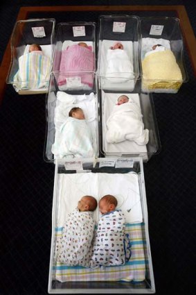 Wail of a time: Eight newborns lie in their cribs at Melbourne's Freemasons Hospital.