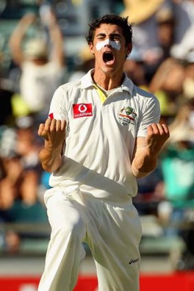 Reason to be happy &#8230; Mitchell Starc celebrates in Perth.