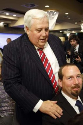 Queensland MP Clive Palmer greets Senator-elect Ricky Muir from the Motoring Enthusiasts Party.