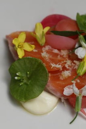 Smoked trout with spring flowers and pickled (on hay) radishes.