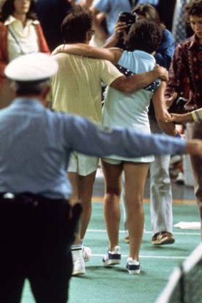 Was it fixed?  Bobby Riggs is hugged by Billie Jean King after she beat him.