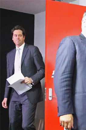 Equal footing: Gillon McLachlan (left) and Andrew Demetriou after the equalisation meeting.