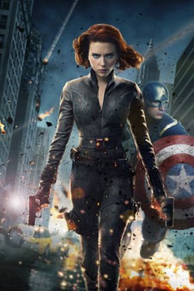 Scarlett Johansson as the Black Widow and Chris Evans as Captain America in <i>The Avengers</i>.