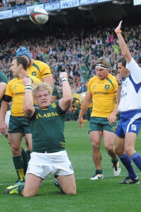 Try time: Springbok Adriaan Strauss delights in scoring against the Wallabies.
