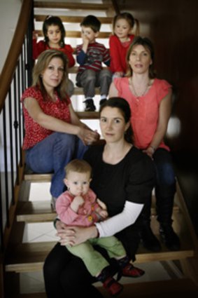 FROM LEFT, AT REAR: Rand, Charlie and Mathilde with mothers Iman Riman (left), Sophie Rouse (right) and Amy Gason (front), with Harper.