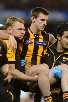 Hurt Hawk: Brendan Whitecross is carried from the ground.