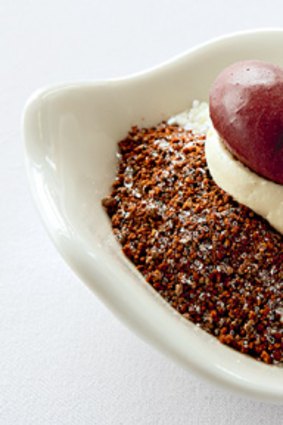 One of Peter Gilmore's desserts . . . wild cherry compote, coconut cream, chuao chocolate crumble, cherry juice and chocolate sorbet.