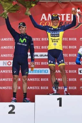 On the podium: Simon Gerrans finished third in the Amstel Gold in the Netherlands.