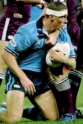 Stapled together: Michael De Vere after a nasty head gash was stapled together on the field during a State of Origin match in 2003.