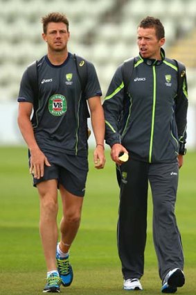 James Pattinson and Peter Siddle during a nets session in Worcester on Monday.