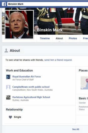A screen grab from fake Mark Binskin facebook page showing fake profile and fake friend's profiles.