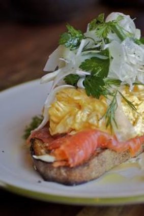 House-cured ocean trout with a fennel and herb salad, dill creme fraiche and scrambled eggs.