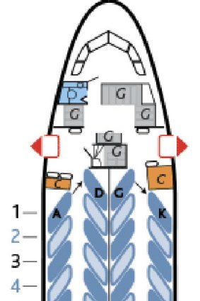 The seat map for an Air Canada Boeing 777-200. Seat 19C has no seat in front of it.