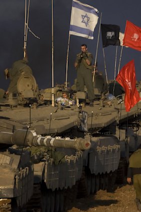 Israeli soldiers at a staging area near Israel's border with the Gaza Strip.