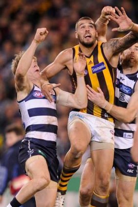 Hawthorn's Lance Franklin in a marking contest against Geelong last weekend at the MCG.