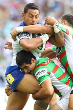 Scrutiny: Bulldogs winger Krisnan Inu takes on the Rabbitohs' defence. He will face a tougher test with the judiciary on Monday.