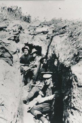 Men of the 8th Battalion in an abandoned Turkish position on Bolton's Ridge.