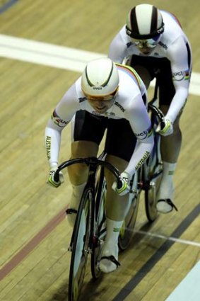 Kaarle McCulloch and Anna Meares ride to victory in the Women's Team Sprint Finals during the UCI Track Cycling World Cup Classic at Manchester in 2011