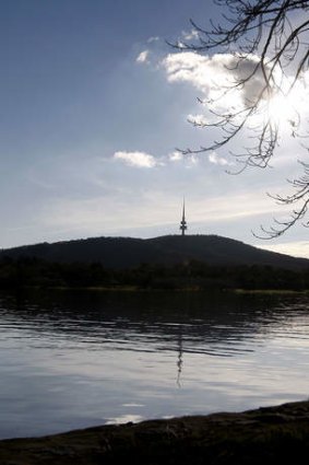 Telstra Tower behind Lake Burley Griffin in Canberra.