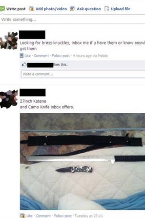 A screen grab of the Facebook page displaying weapons for sale.