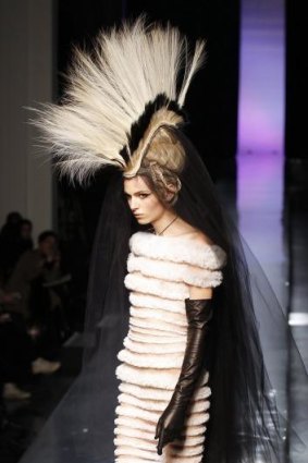 Womenswear: Andreja Pejic presents a creation by French designer Jean-Paul Gaultier as part of his Haute Couture Spring-Summer 2011 fashion show in Paris in 2011.