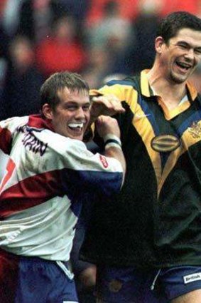 Bobby Goulding (L) with Andy Farrell after Great Britain won a Test match against Australia in 1997.