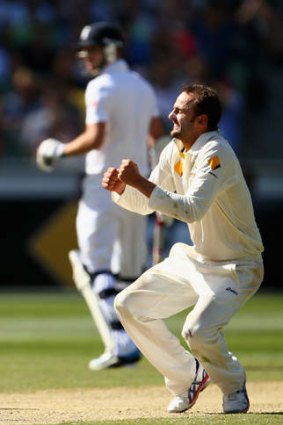Nathan Lyon celebrates after taking the wicket of Kevin Pietersen during the Boxing Day Test.