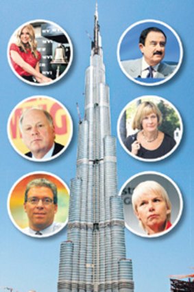 Sky is the limit ... the Burj Dubai. The winners, above left from top, Myer (whose brand ambassador is Jennifer Hawkins),  Andrew Michelmore and Tom Albenese. The losers, above right from top, Sol Trujillo, Meredeth Hellicar and Gail Kelly.