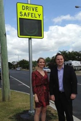 Bracken Ridge councillor Amanda Cooper and Deputy Mayor Adrian Schrinner with one of the council's new speed signs.